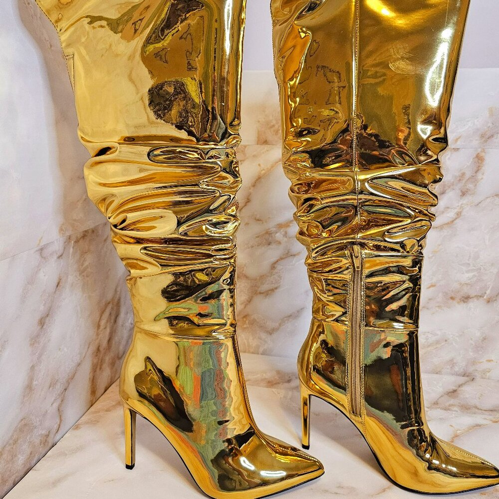 I.N.C Iyonna Over-The-Knee Slouch Boots, Gold Patent, Size 7, NWOT - Picture 1 of 6